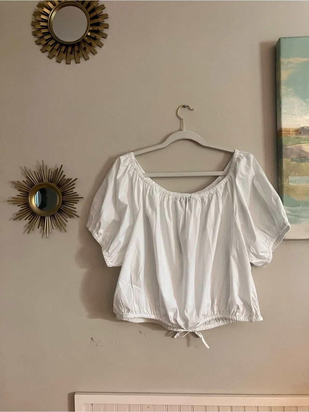 J. Crew White Puff-Sleeve Drawstring Cropped Peasant Blouse